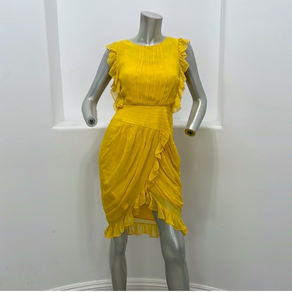 BCBGMAXAZRIA Bamboo Ruffles Silk Dress Yellow Runway Size 0 - Picture 5 of 15